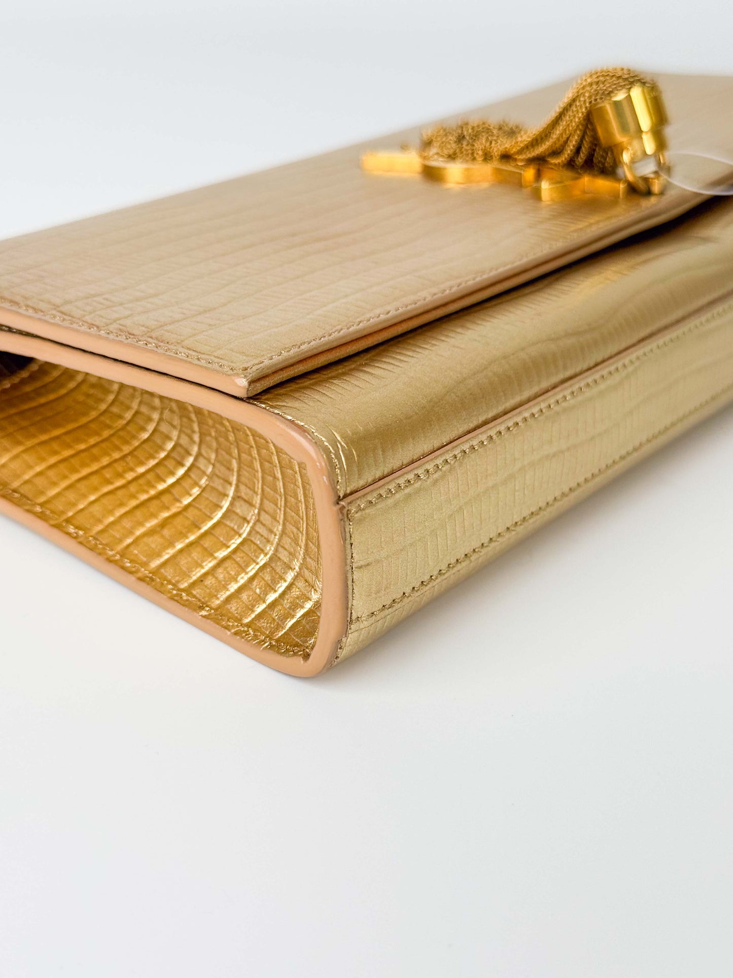 (A119) YSL Gold Embossed Leather Kate Tassel Clutch, Gold Hardware