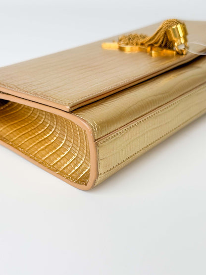 (A119) YSL Gold Embossed Leather Kate Tassel Clutch, Gold Hardware