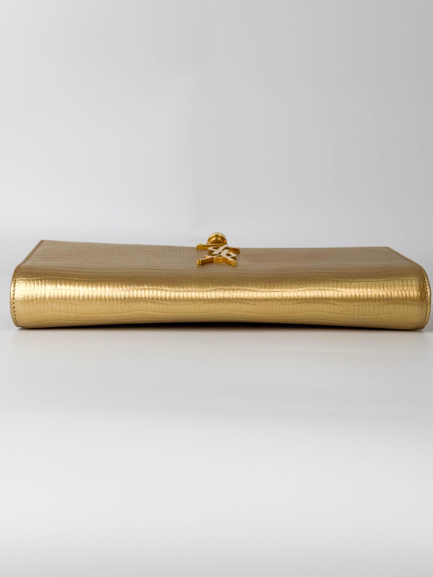 (A119) YSL Gold Embossed Leather Kate Tassel Clutch, Gold Hardware