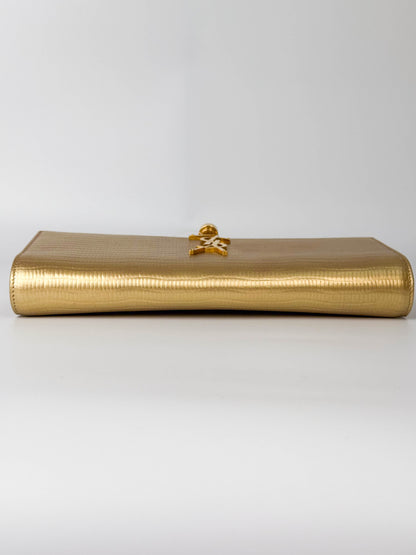 (A119) YSL Gold Embossed Leather Kate Tassel Clutch, Gold Hardware