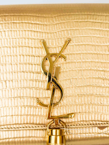 (A119) YSL Gold Embossed Leather Kate Tassel Clutch, Gold Hardware