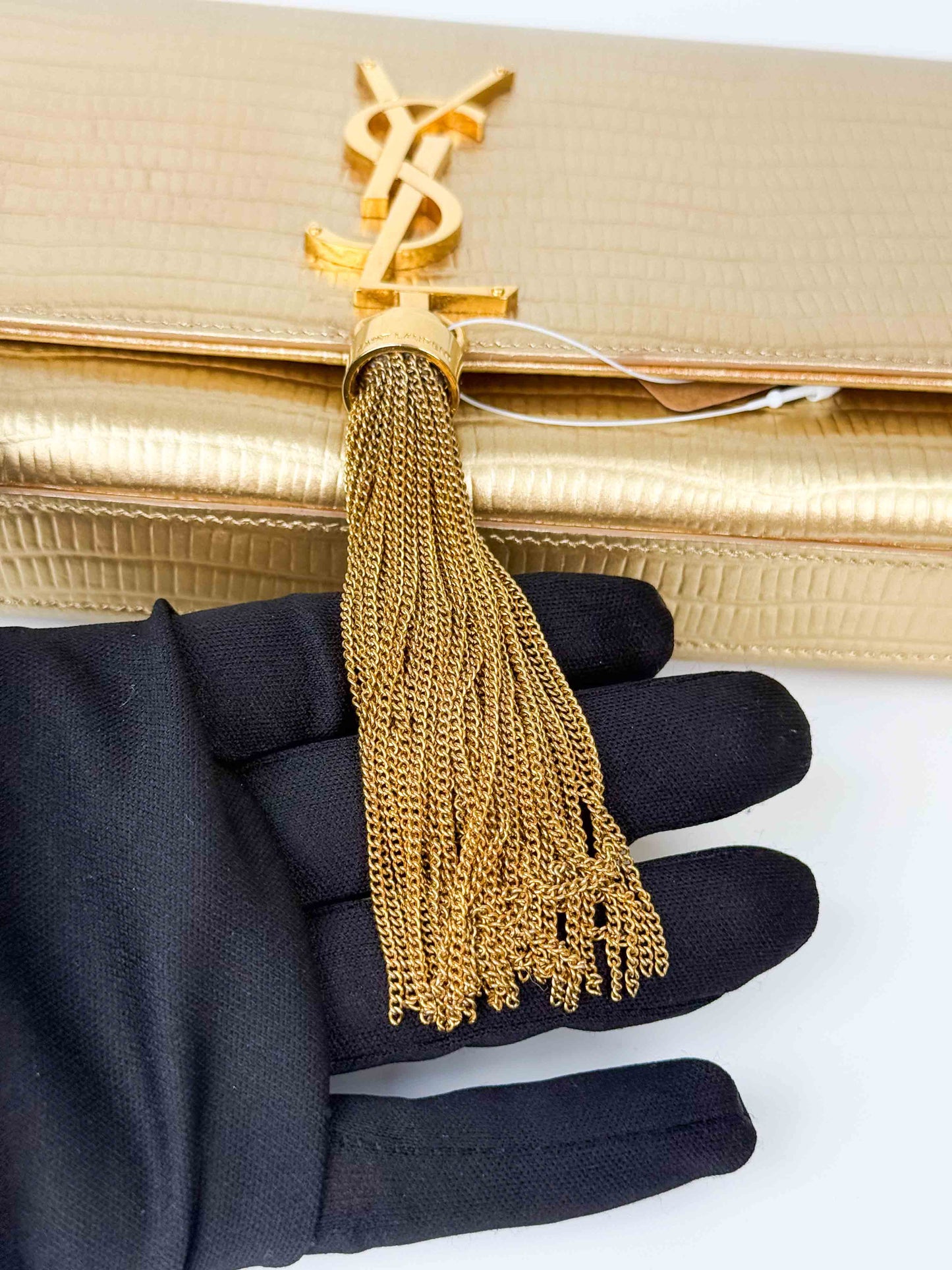 (A119) YSL Gold Embossed Leather Kate Tassel Clutch, Gold Hardware