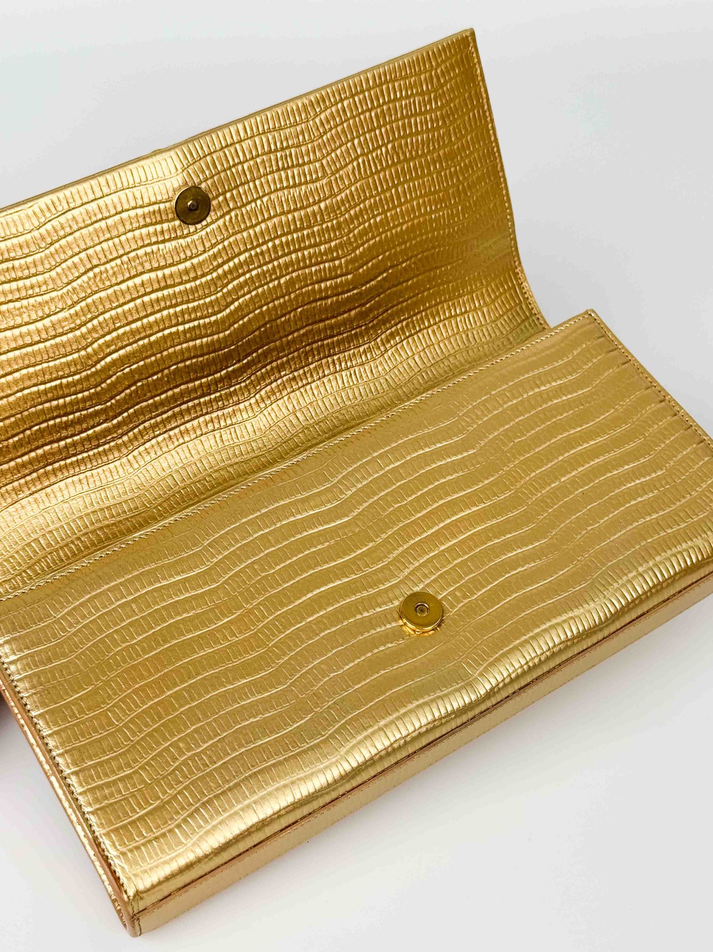 (A119) YSL Gold Embossed Leather Kate Tassel Clutch, Gold Hardware