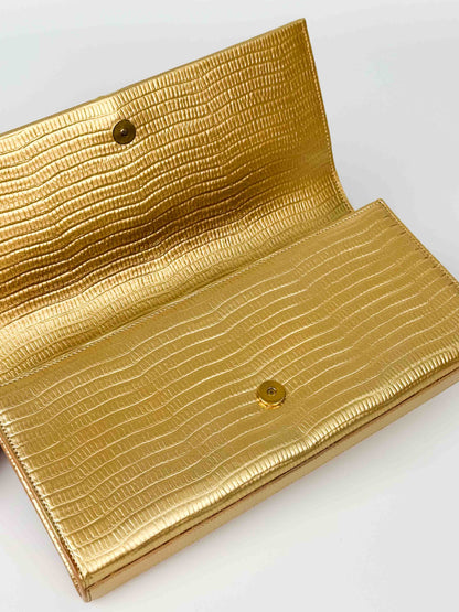 (A119) YSL Gold Embossed Leather Kate Tassel Clutch, Gold Hardware