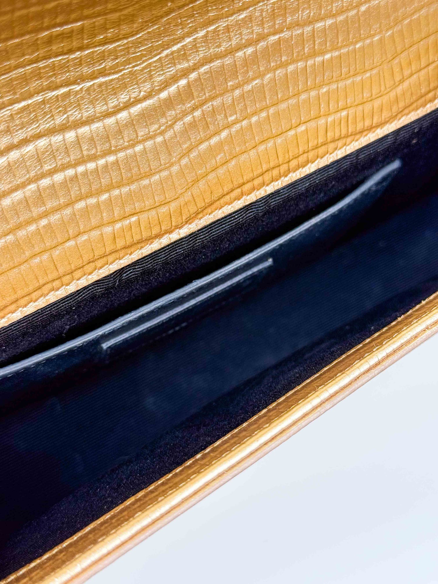 (A119) YSL Gold Embossed Leather Kate Tassel Clutch, Gold Hardware