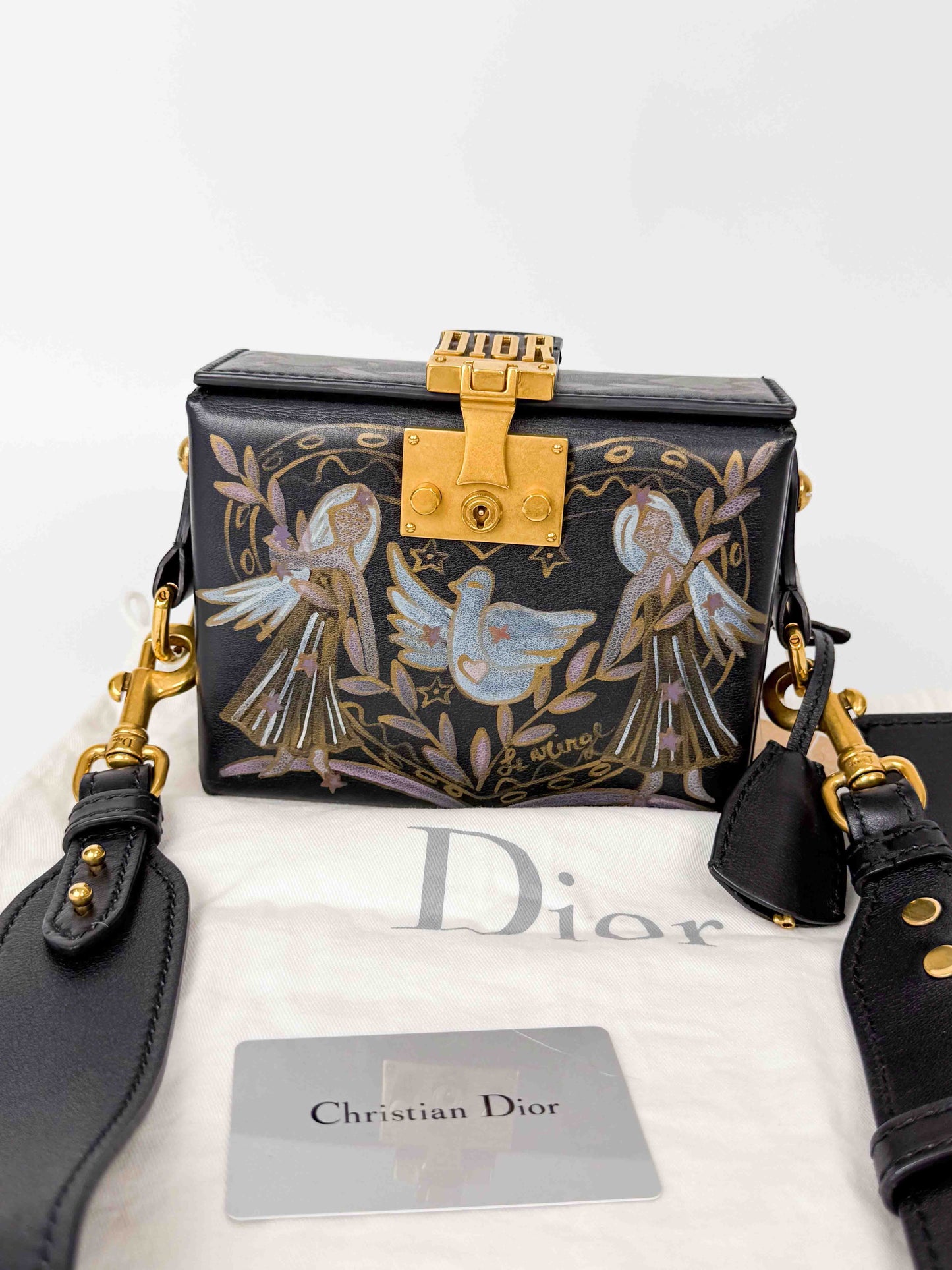 (A121) Dior Black Calf Leather DiorAddict Lockbox Bag, Antique Gold Hardware