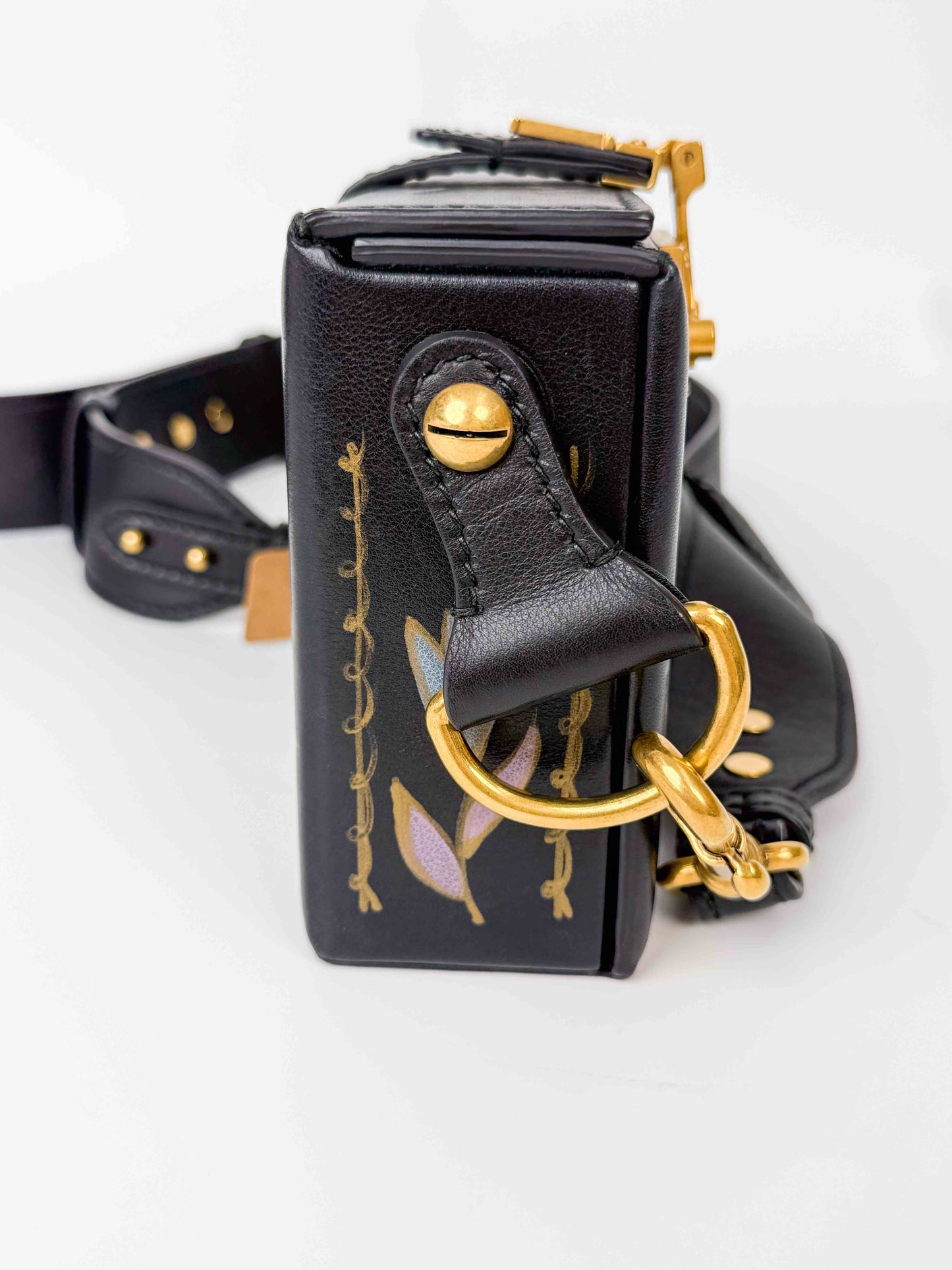 (A121) Dior Black Calf Leather DiorAddict Lockbox Bag, Antique Gold Hardware