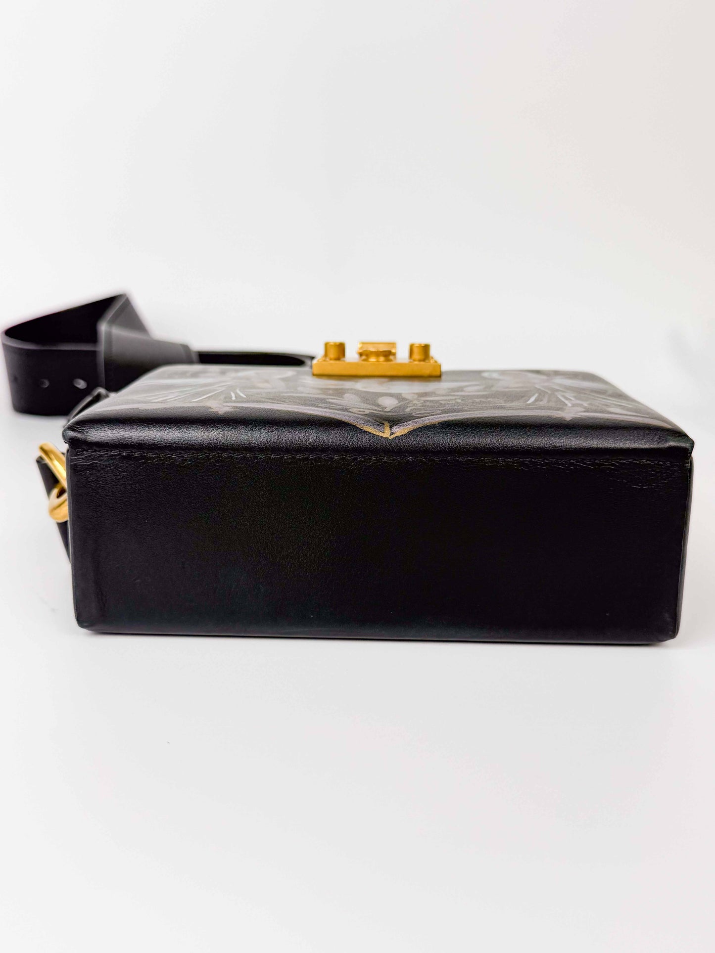 (A121) Dior Black Calf Leather DiorAddict Lockbox Bag, Antique Gold Hardware
