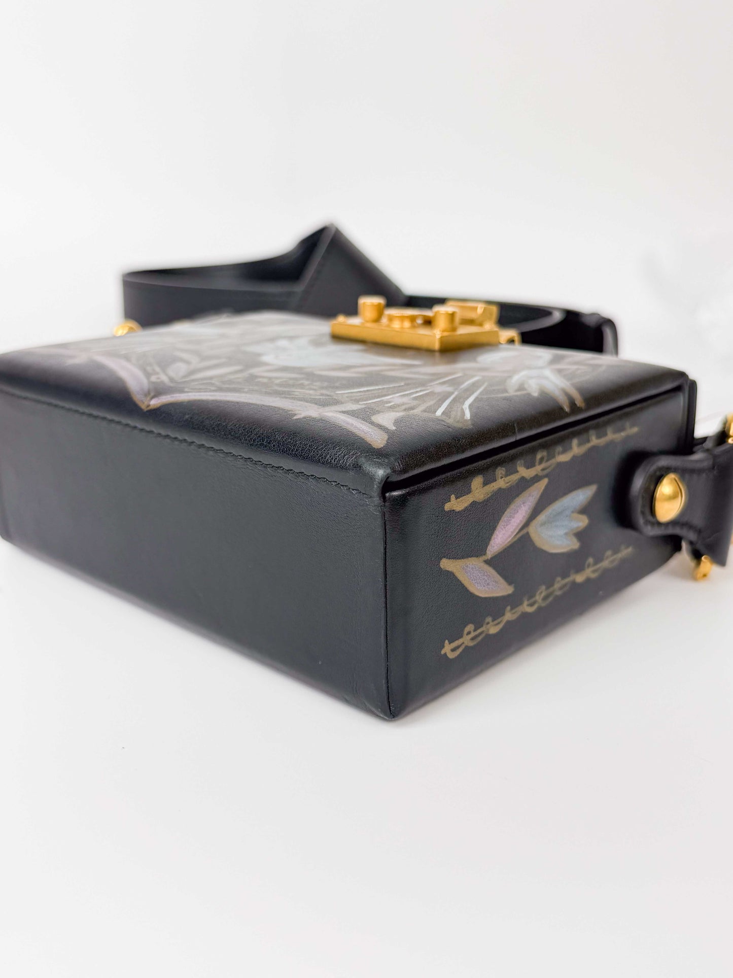 (A121) Dior Black Calf Leather DiorAddict Lockbox Bag, Antique Gold Hardware