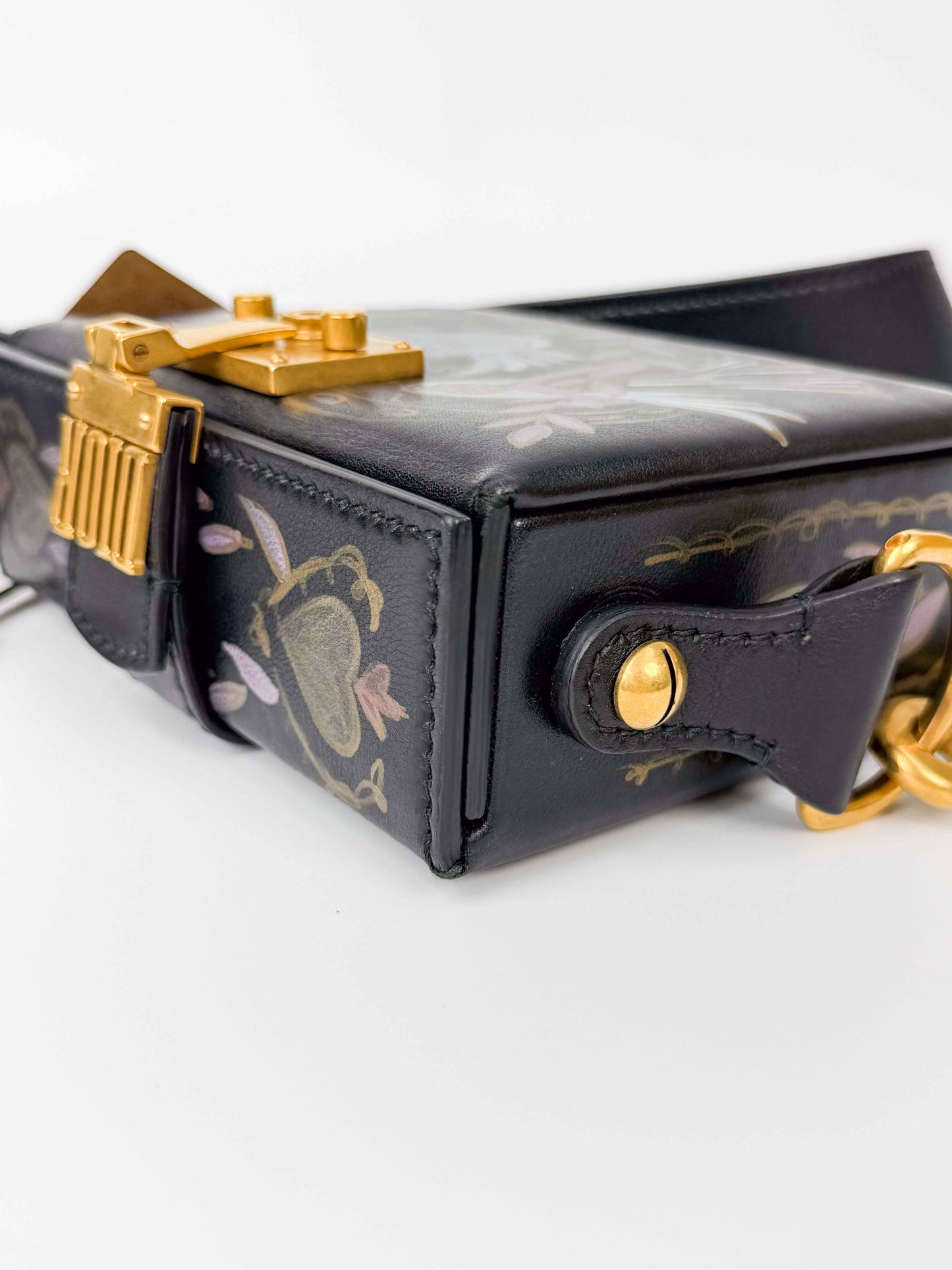 (A121) Dior Black Calf Leather DiorAddict Lockbox Bag, Antique Gold Hardware