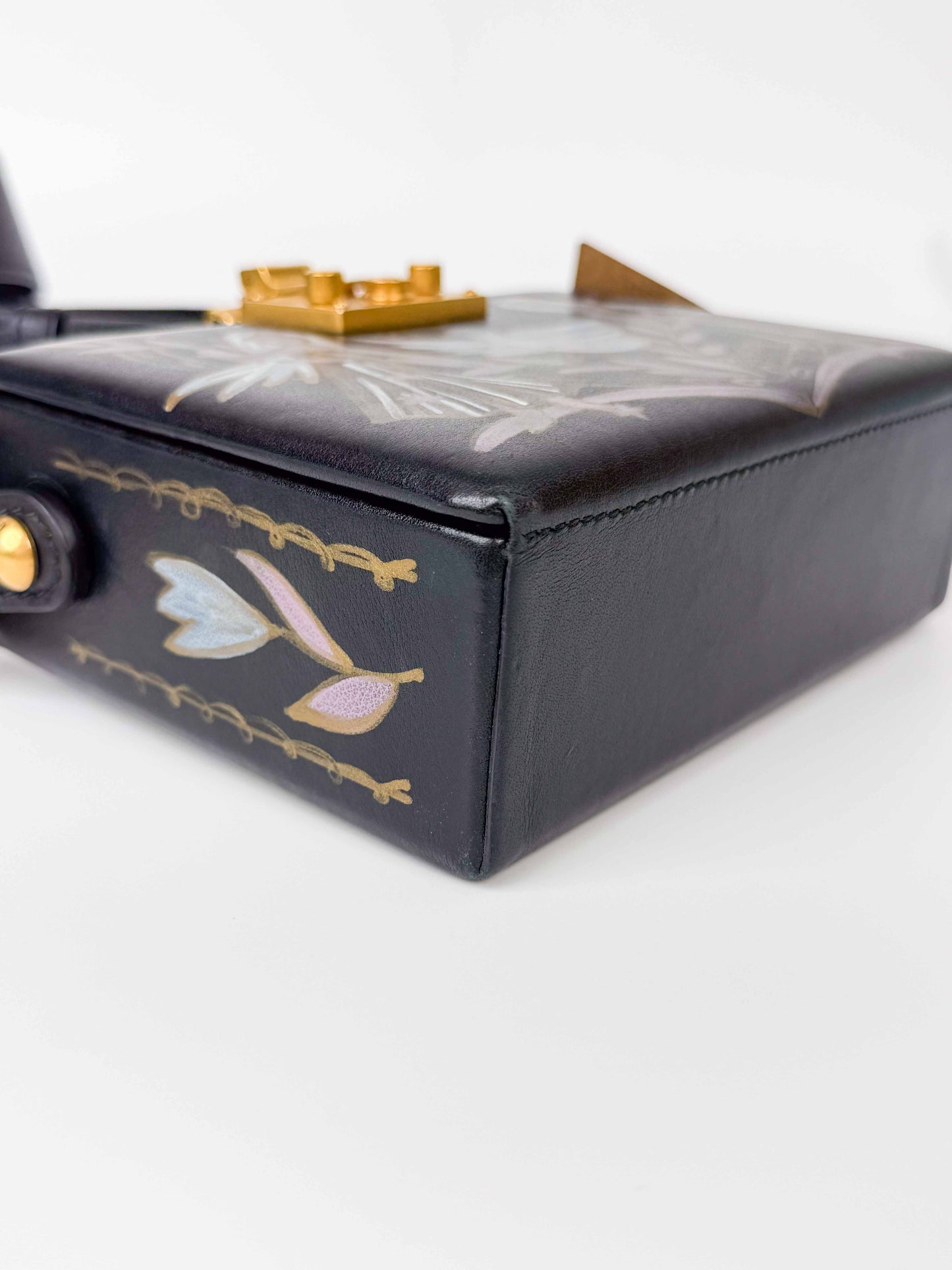 (A121) Dior Black Calf Leather DiorAddict Lockbox Bag, Antique Gold Hardware