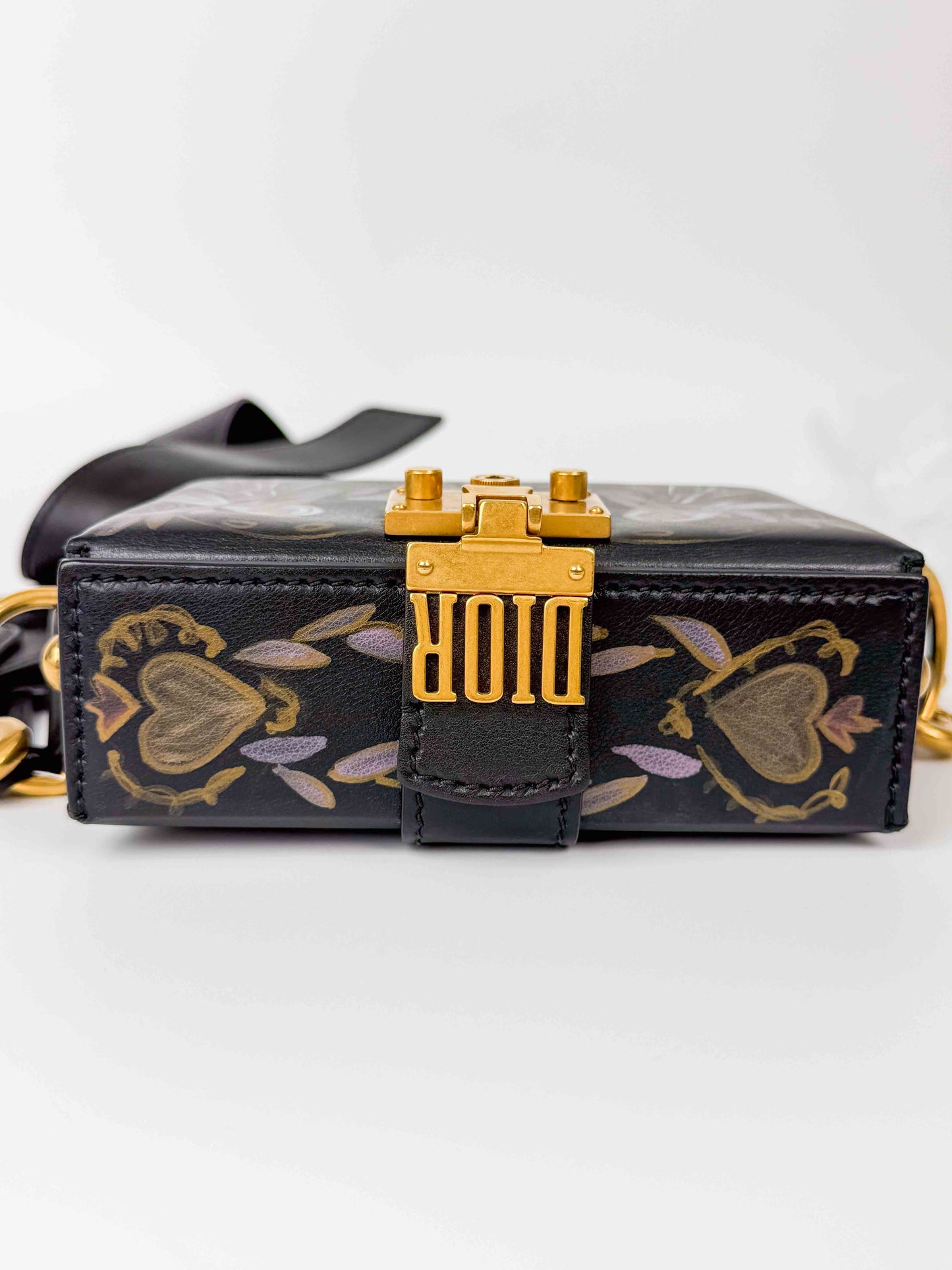 (A121) Dior Black Calf Leather DiorAddict Lockbox Bag, Antique Gold Hardware
