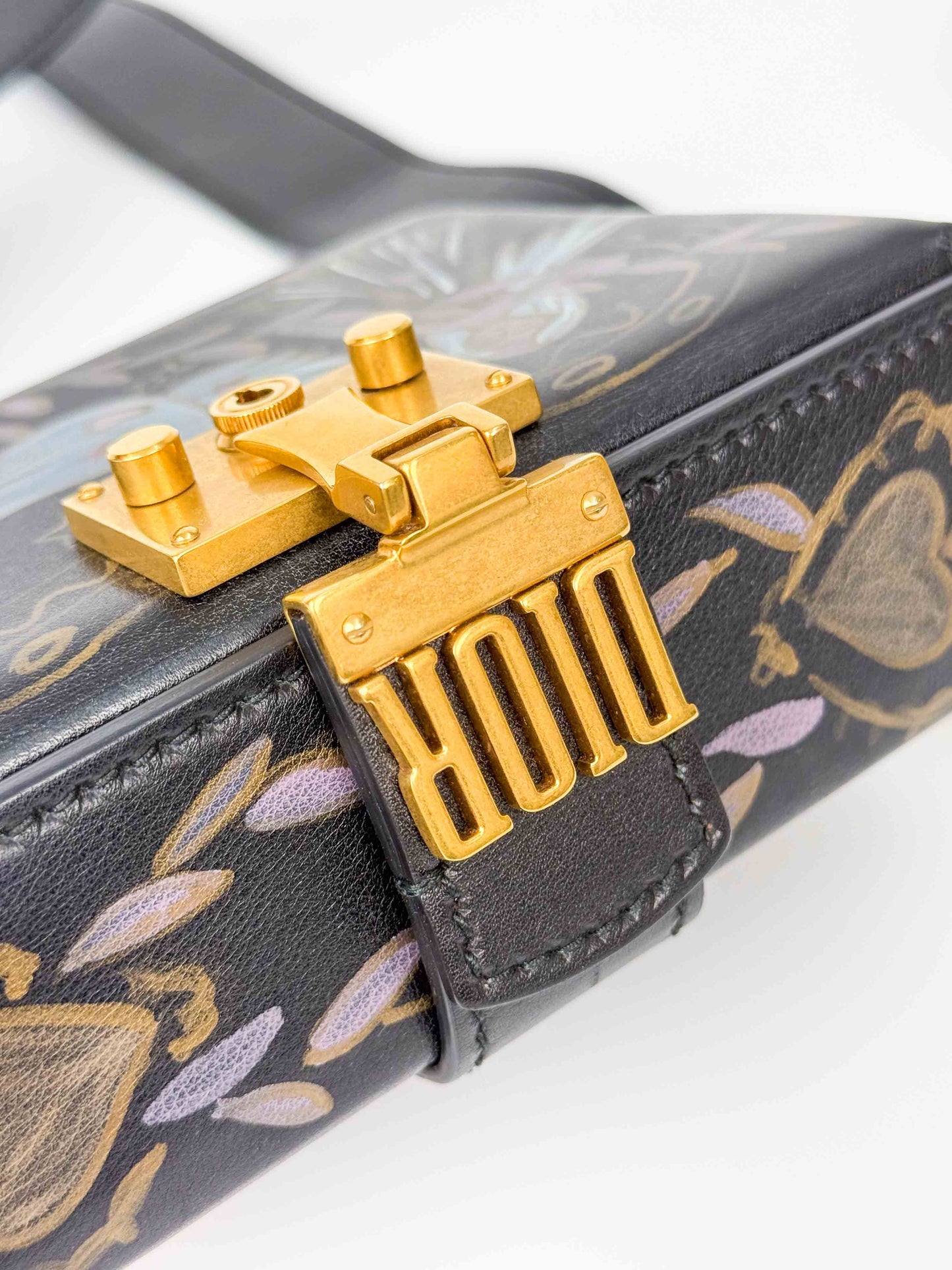 (A121) Dior Black Calf Leather DiorAddict Lockbox Bag, Antique Gold Hardware