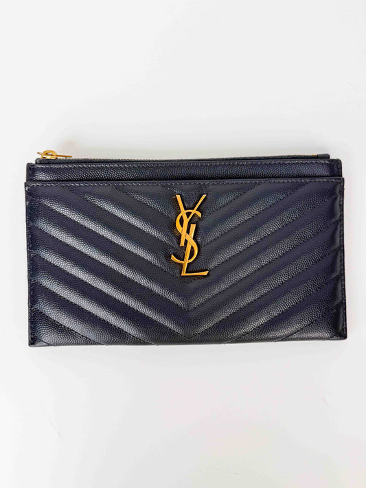 (A114) YSL Grey Chevron Caviar Pouch, Gold Hardware