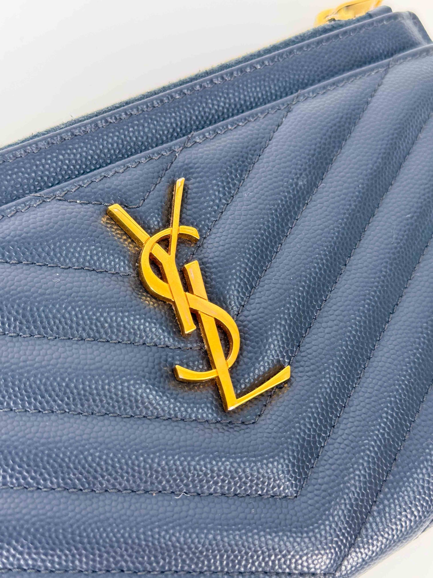 (A114) YSL Grey Chevron Caviar Pouch, Gold Hardware