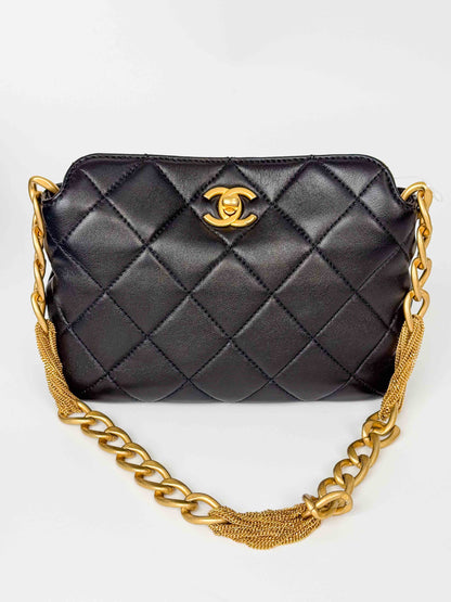(A116) Chanel Black Calfskin Small Size Hobo, Antique Gold Hardware