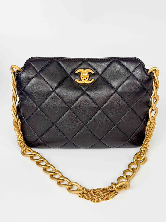 (A116) Chanel Black Calfskin Small Size Hobo, Antique Gold Hardware