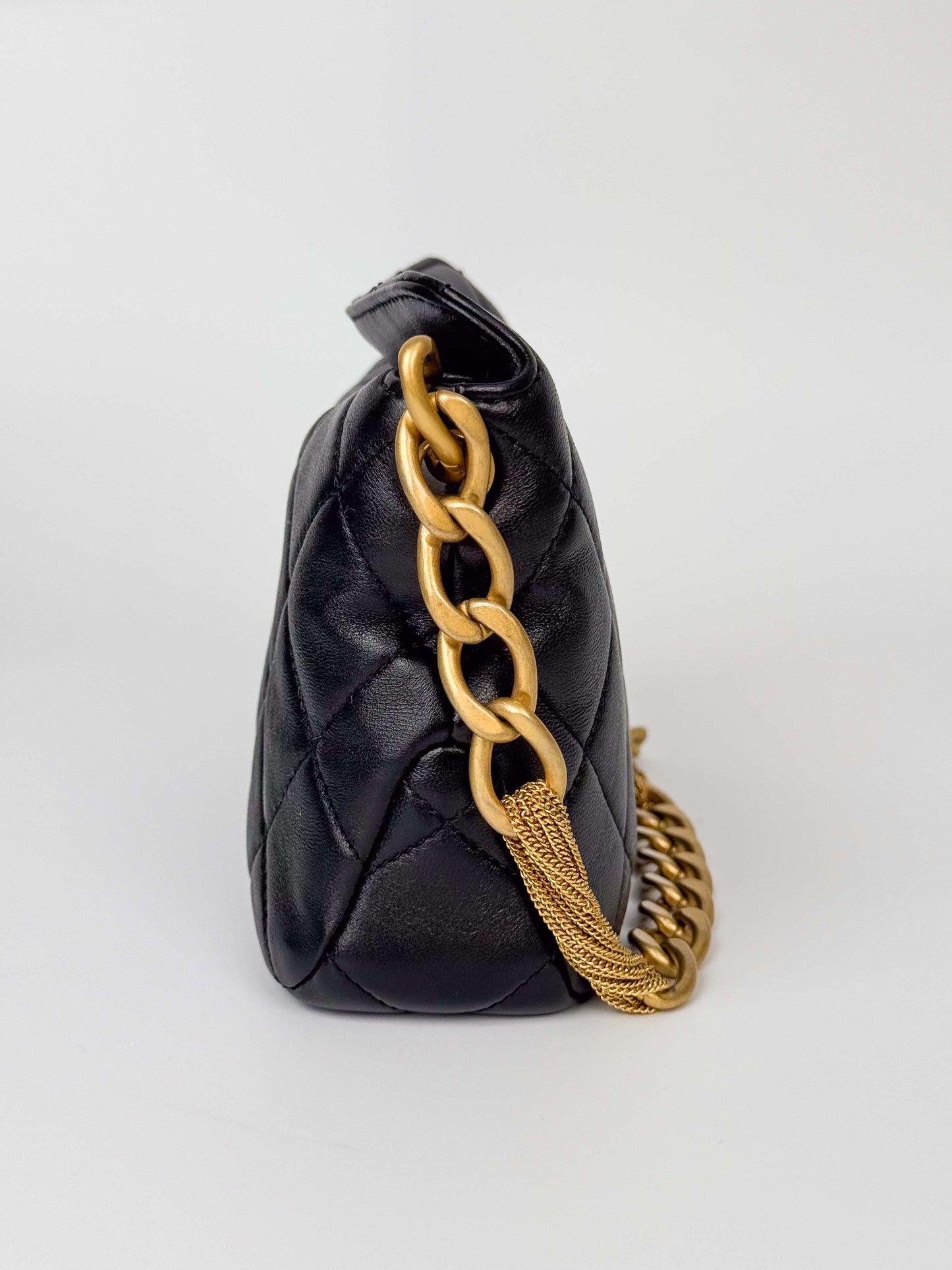 (A116) Chanel Black Calfskin Small Size Hobo, Antique Gold Hardware
