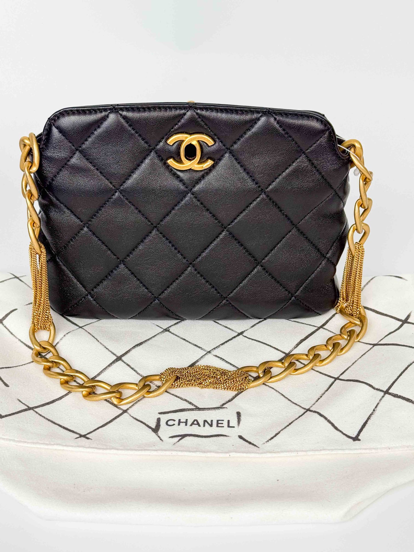 (A116) Chanel Black Calfskin Small Size Hobo, Antique Gold Hardware