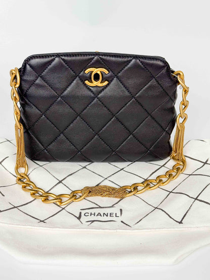 (A116) Chanel Black Calfskin Small Size Hobo, Antique Gold Hardware