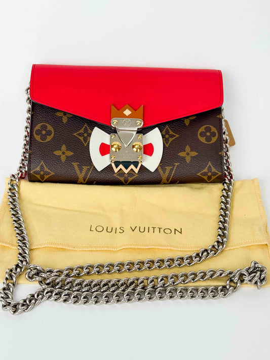 (A106) Louis Vuitton Monogram Tribal Mask Sarah Wallet on Chain, Silver Hardware