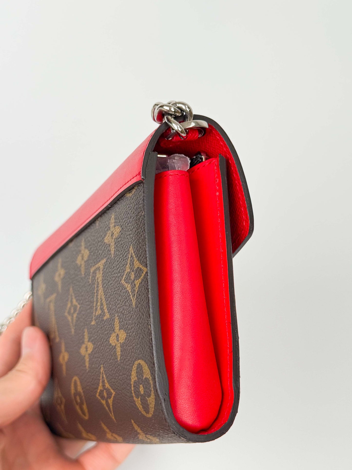 (A106) Louis Vuitton Monogram Tribal Mask Sarah Wallet on Chain, Silver Hardware