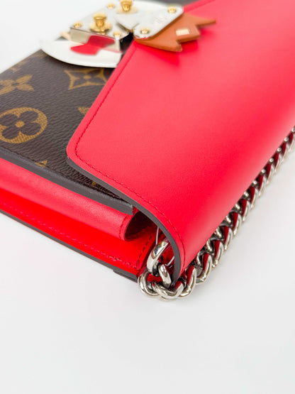 (A106) Louis Vuitton Monogram Tribal Mask Sarah Wallet on Chain, Silver Hardware