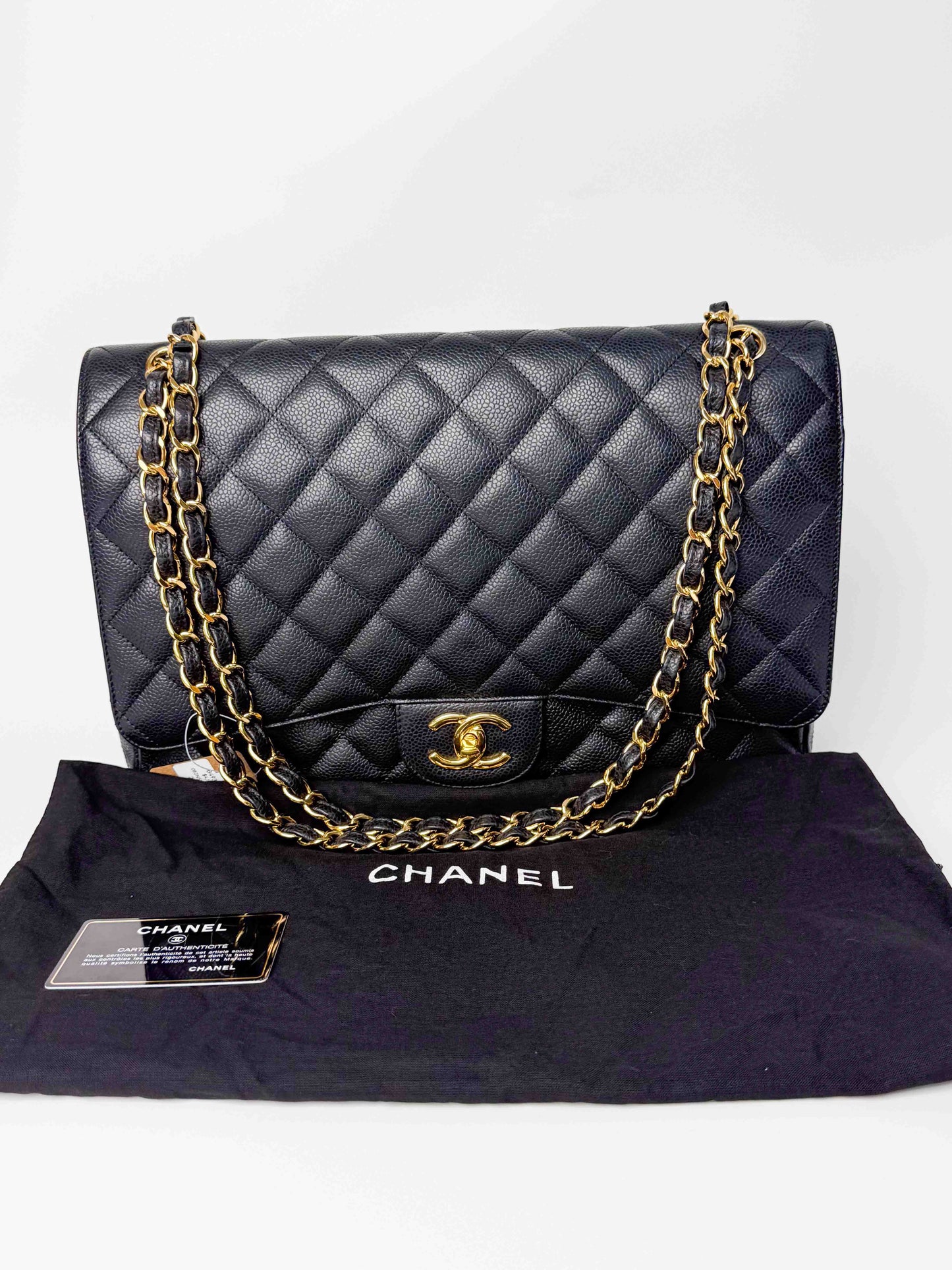 (A124) Chanel Black Caviar Maxi Double Flap, Gold Hardware