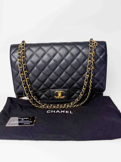(A124) Chanel Black Caviar Maxi Double Flap, Gold Hardware