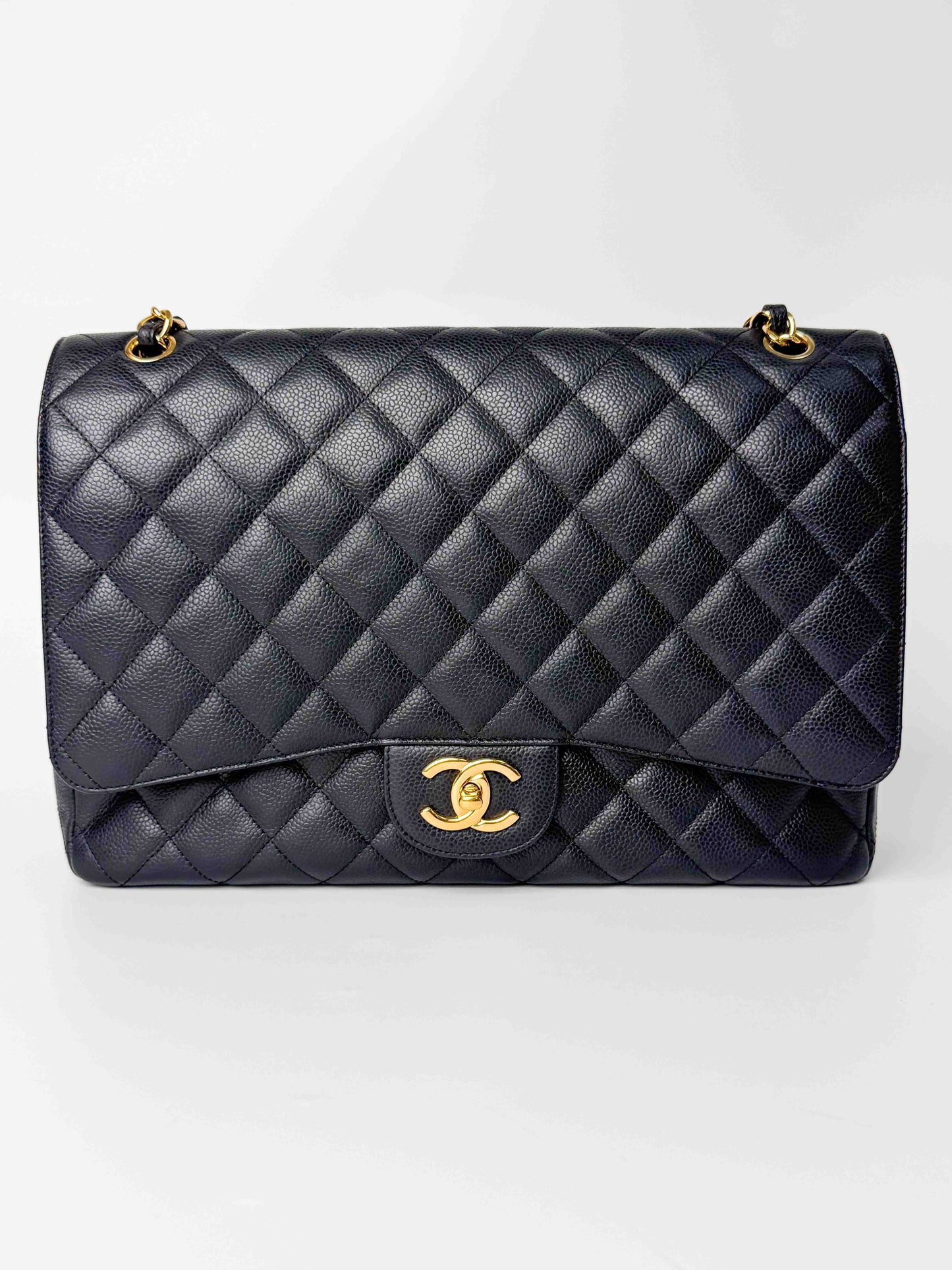 (A124) Chanel Black Caviar Maxi Double Flap, Gold Hardware