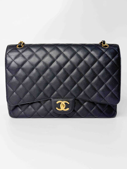 (A124) Chanel Black Caviar Maxi Double Flap, Gold Hardware