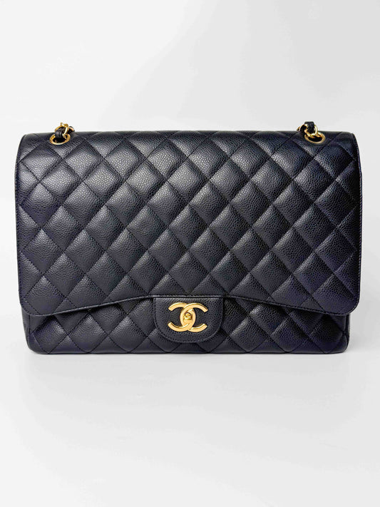 (A124) Chanel Black Caviar Maxi Double Flap, Gold Hardware