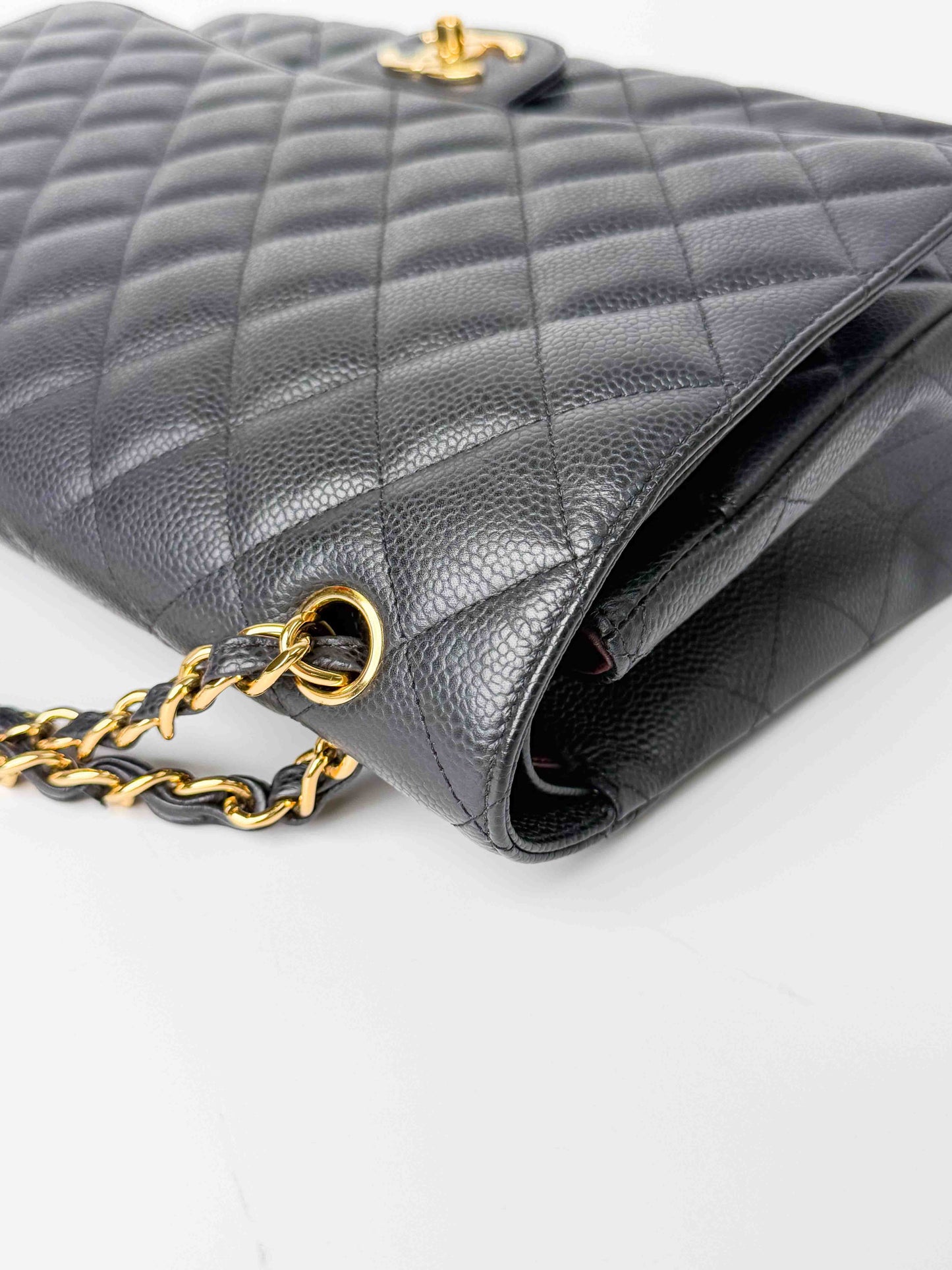 (A124) Chanel Black Caviar Maxi Double Flap, Gold Hardware