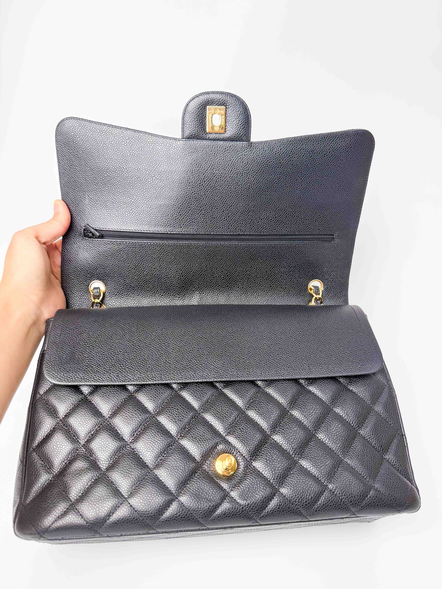 (A124) Chanel Black Caviar Maxi Double Flap, Gold Hardware