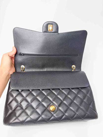(A124) Chanel Black Caviar Maxi Double Flap, Gold Hardware