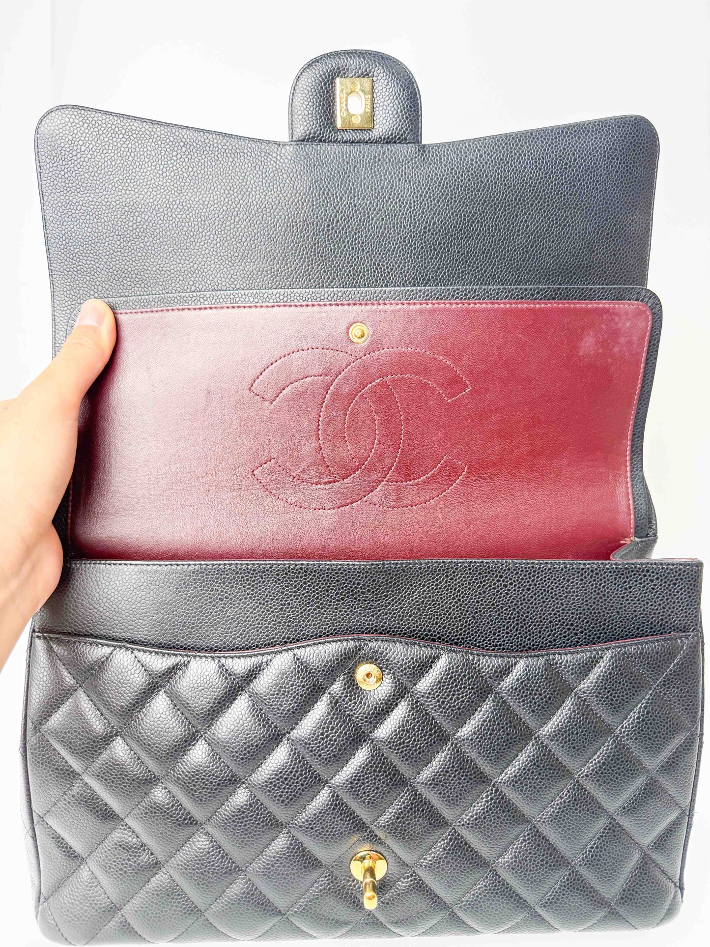 (A124) Chanel Black Caviar Maxi Double Flap, Gold Hardware