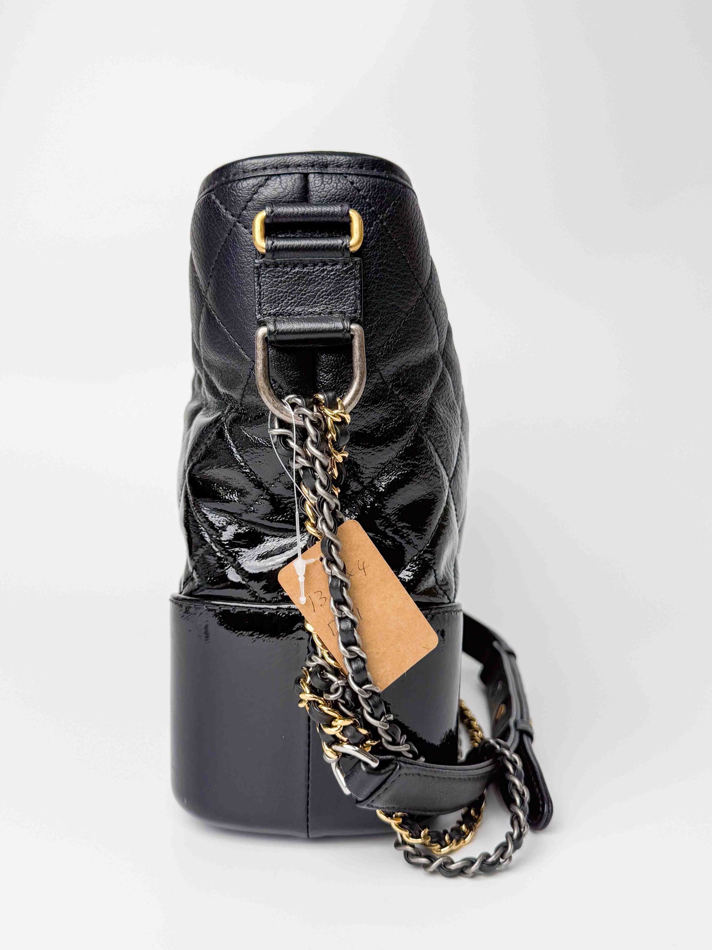(A125) Chanel Black Patent Goatskin Medium Size Gabrielle Crossbody Bag, Ruthenium/Silver/Gold Hardware