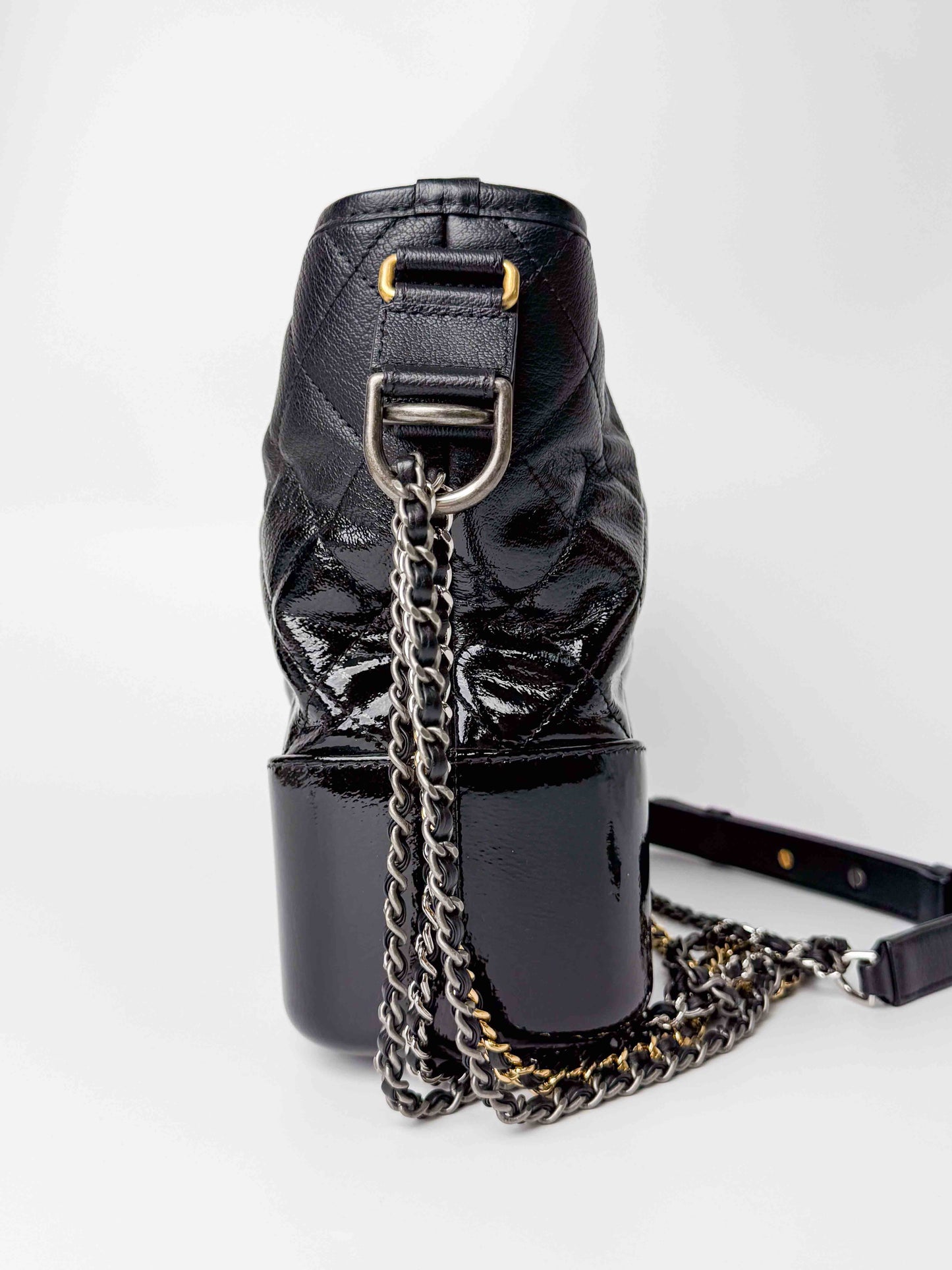 (A125) Chanel Black Patent Goatskin Medium Size Gabrielle Crossbody Bag, Ruthenium/Silver/Gold Hardware