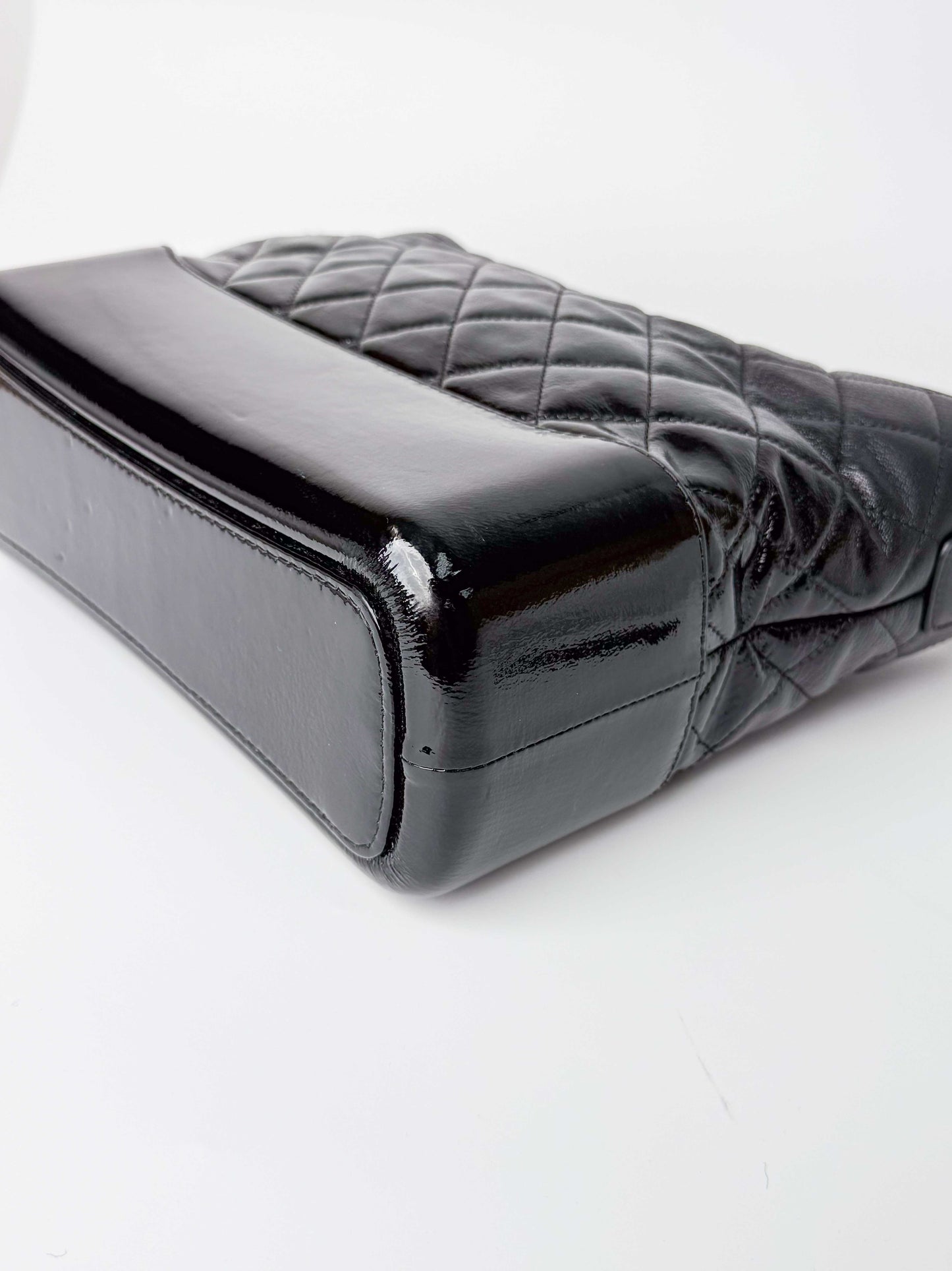 (A125) Chanel Black Patent Goatskin Medium Size Gabrielle Crossbody Bag, Ruthenium/Silver/Gold Hardware