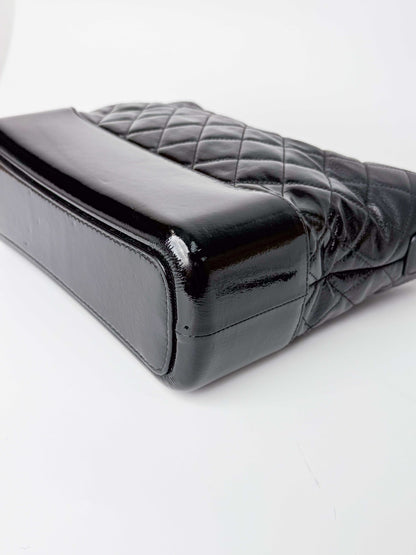 (A125) Chanel Black Patent Goatskin Medium Size Gabrielle Crossbody Bag, Ruthenium/Silver/Gold Hardware