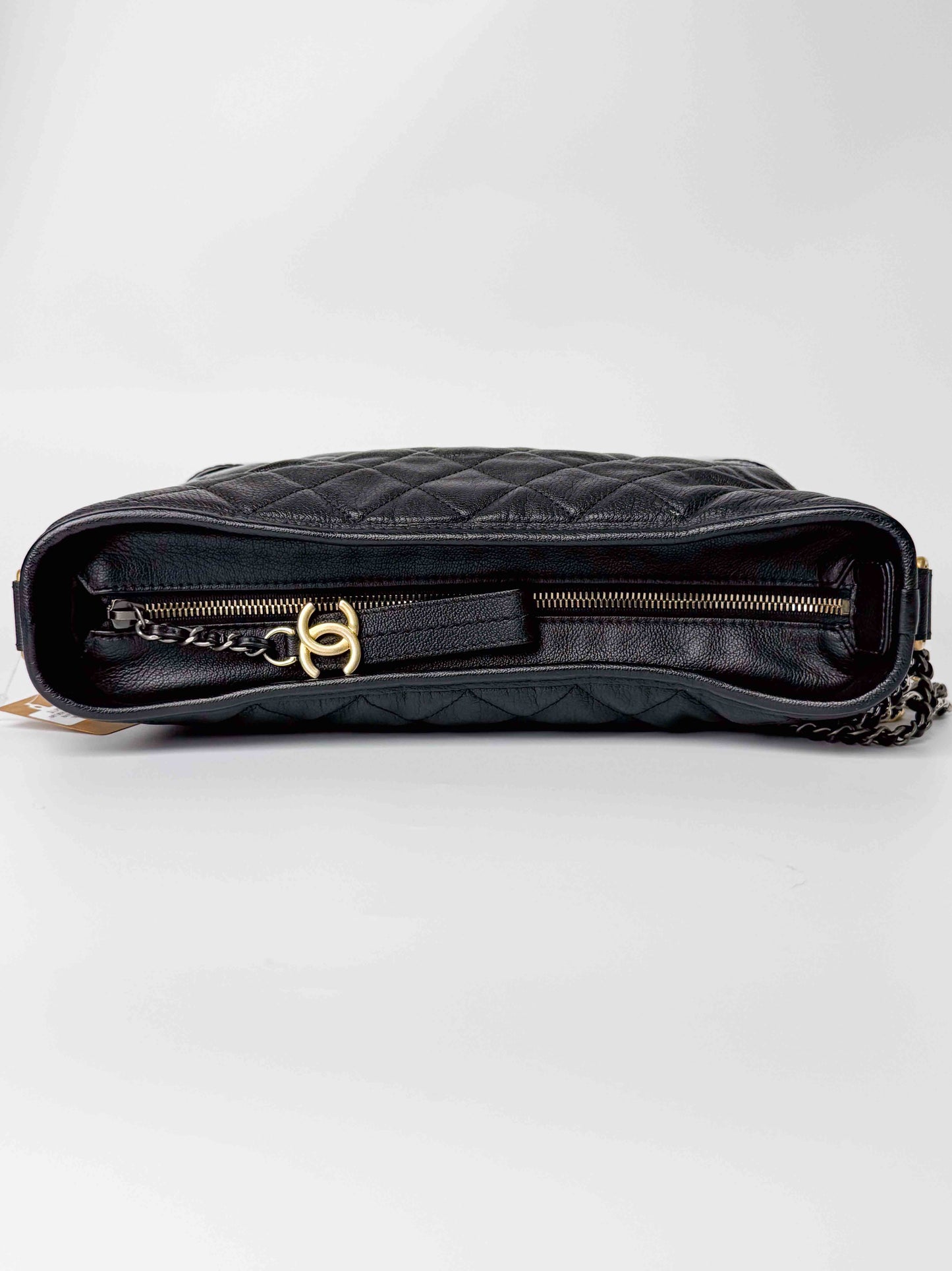 (A125) Chanel Black Patent Goatskin Medium Size Gabrielle Crossbody Bag, Ruthenium/Silver/Gold Hardware