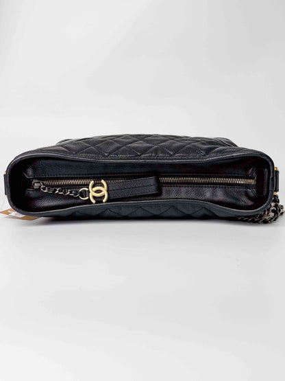 (A125) Chanel Black Patent Goatskin Medium Size Gabrielle Crossbody Bag, Ruthenium/Silver/Gold Hardware