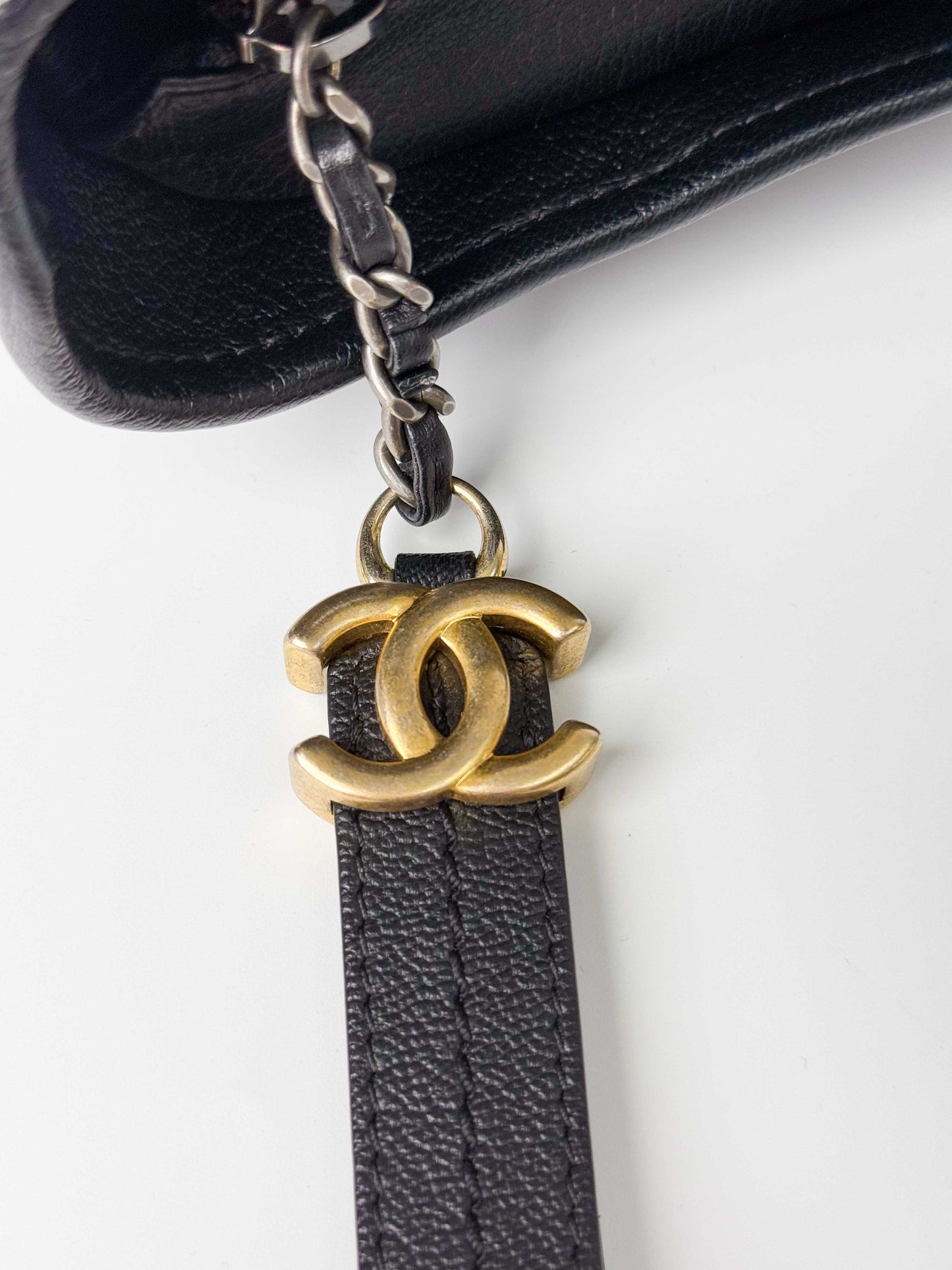(A125) Chanel Black Patent Goatskin Medium Size Gabrielle Crossbody Bag, Ruthenium/Silver/Gold Hardware