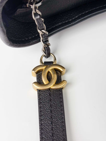 (A125) Chanel Black Patent Goatskin Medium Size Gabrielle Crossbody Bag, Ruthenium/Silver/Gold Hardware