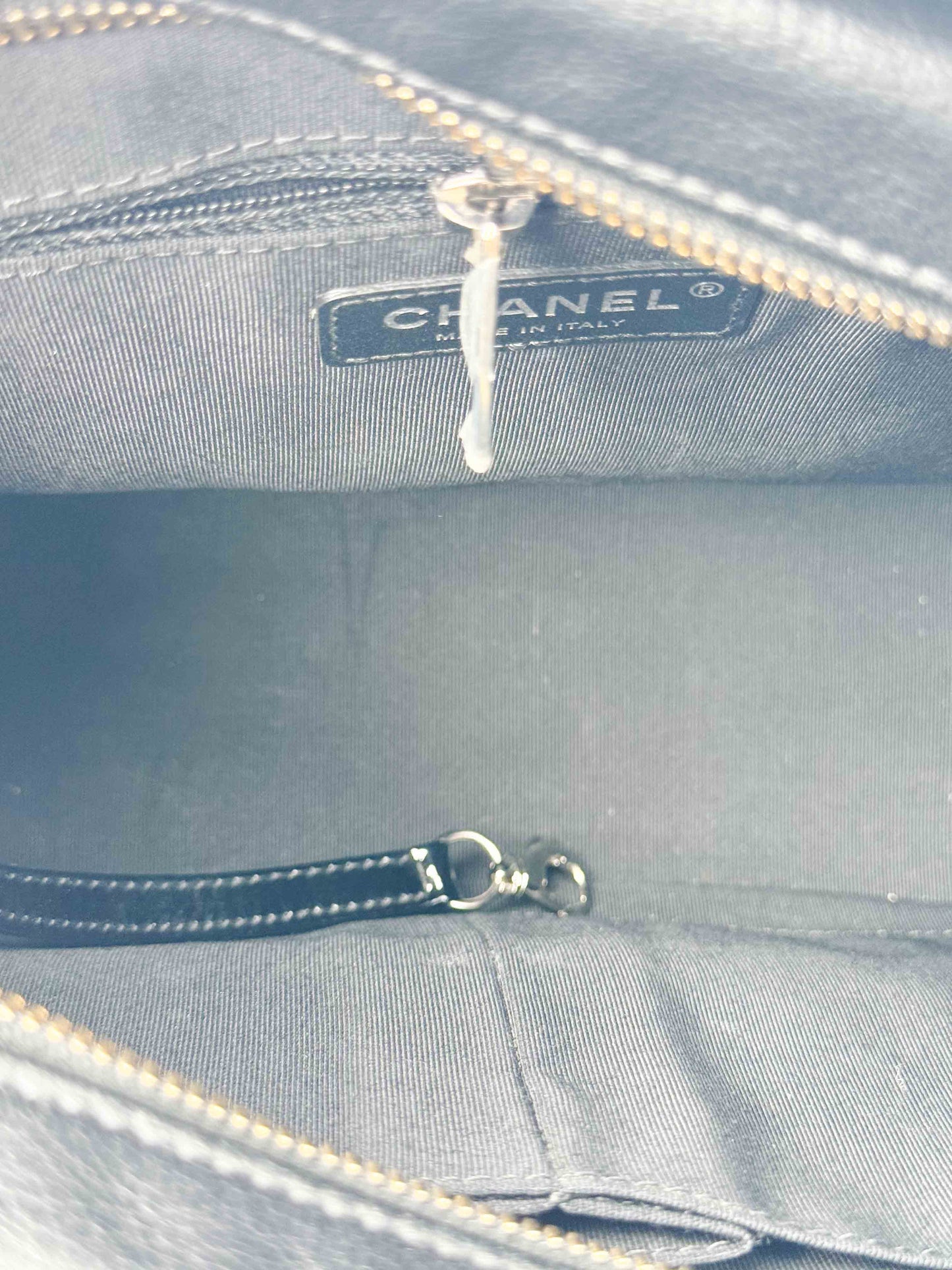 (A125) Chanel Black Patent Goatskin Medium Size Gabrielle Crossbody Bag, Ruthenium/Silver/Gold Hardware