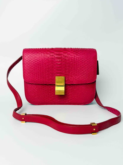 (A98) Celine Fuschia Pink Python Box Bag Gold Hardware