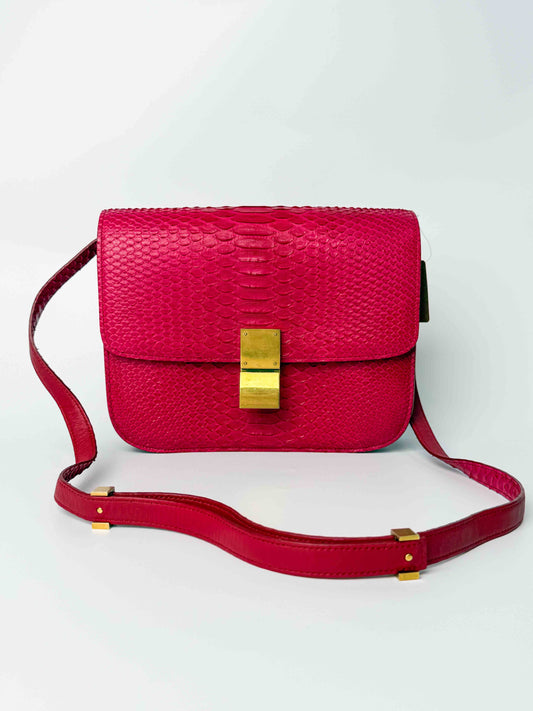(A98) Celine Fuschia Pink Python Box Bag Gold Hardware