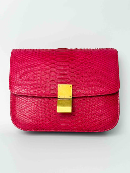 (A98) Celine Fuschia Pink Python Box Bag Gold Hardware