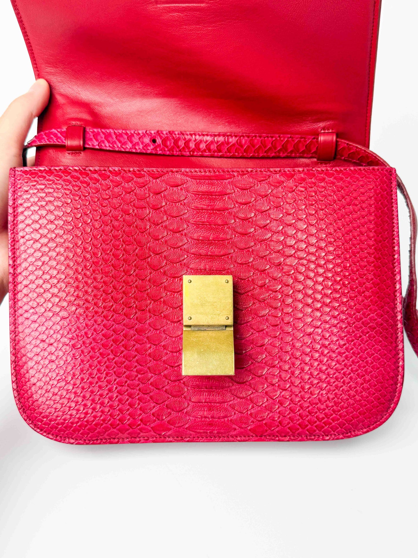 (A98) Celine Fuschia Pink Python Box Bag Gold Hardware