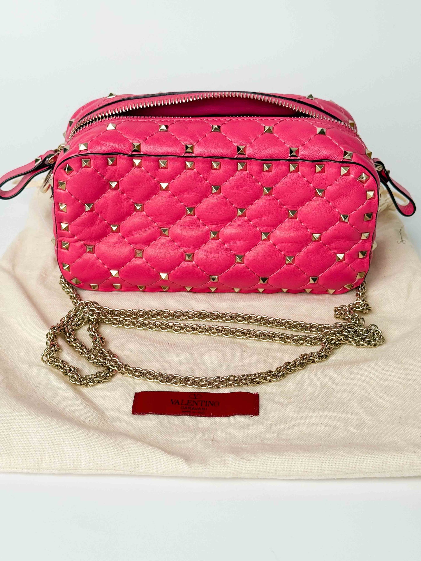 (A123) Valentino Pink Nappa Rockstud Spike Camera Bag, Champagne Gold Hardware